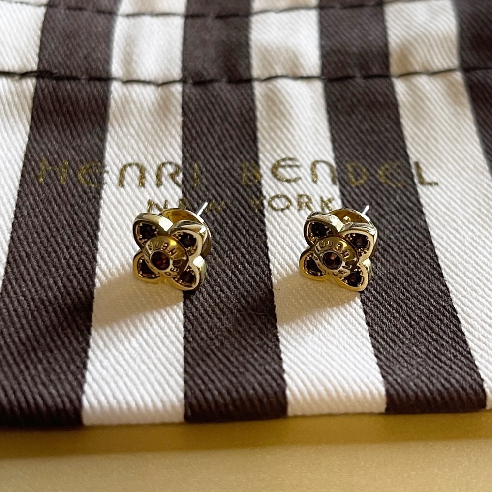 Henri Bendel Amethyst Crystal Flower Logo Earrings